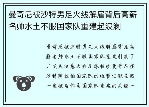 曼奇尼被沙特男足火线解雇背后高薪名帅水土不服国家队重建起波澜 曼奇尼被沙特男足火线解雇背后高薪名帅水土不服国家队重建起波澜