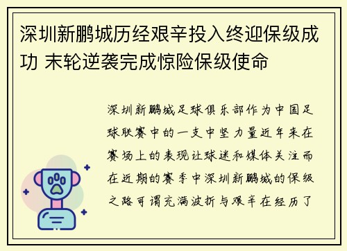 深圳新鹏城历经艰辛投入终迎保级成功 末轮逆袭完成惊险保级使命 深圳新鹏城历经艰辛投入终迎保级成功 末轮逆袭完成惊险保级使命