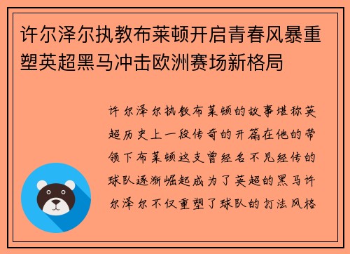许尔泽尔执教布莱顿开启青春风暴重塑英超黑马冲击欧洲赛场新格局 许尔泽尔执教布莱顿开启青春风暴重塑英超黑马冲击欧洲赛场新格局